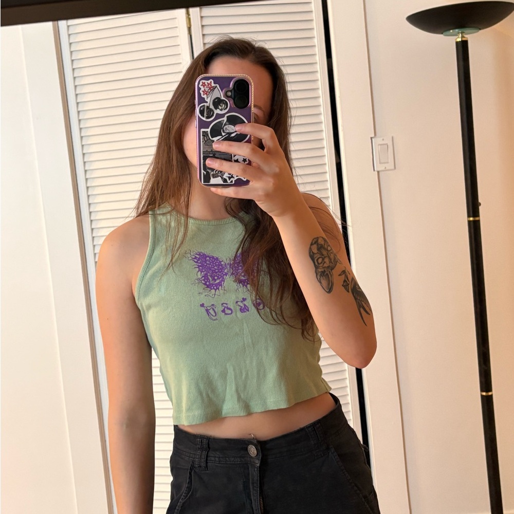 Obey Green and Purple Butterfly Crop Top